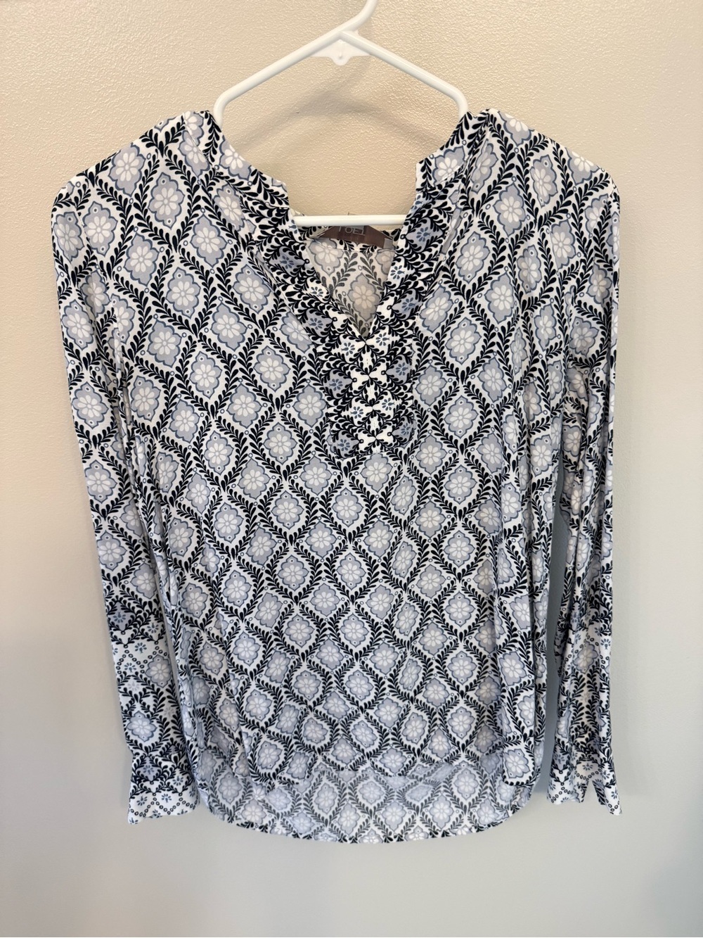 LOFT blue and White Printed Long-Sleeve V-Neck Blouse